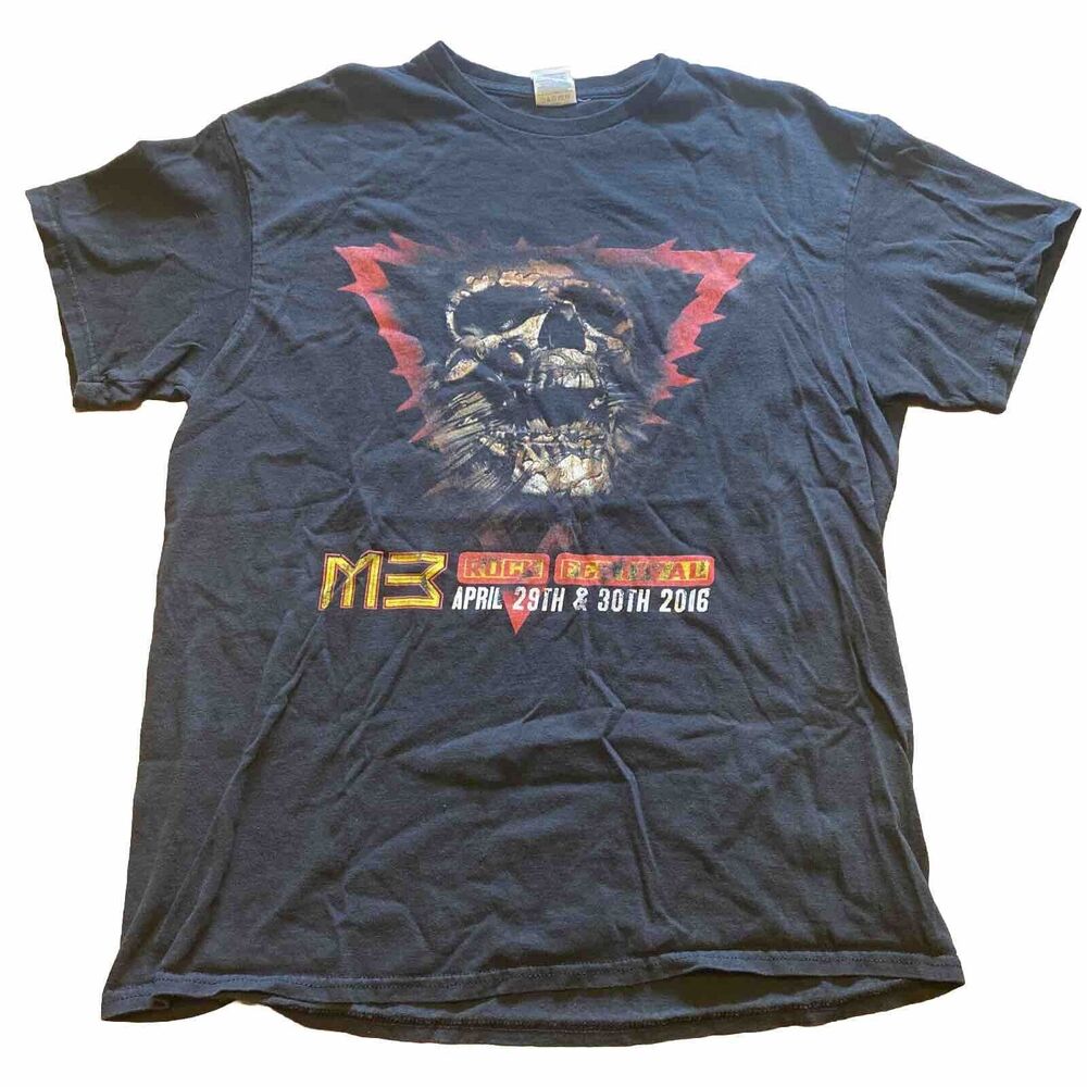 2016 M3 Rock Festival Black Concert Shirt Sz L Black Skull KIX Vince Neil TESLA